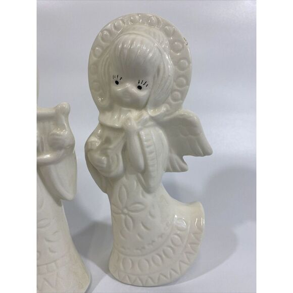 Vintage Midcentury 60s Ceramic Angel Figurine Set White Geometric Design 8.5” - Picture 3 of 5